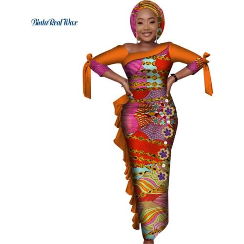 African Dresses for Women Print Strap Bow-Tie Long Dresses Vestidos Bazin Riche African Draped Ankara Dress Clothing WY4084