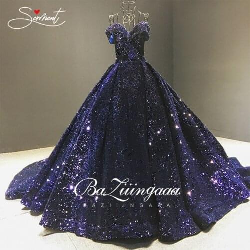 BAZIIINGAAA Vintage Sequin Cloth Wedding Dress Navy Blue Lace Up Dreamy Shoulder Large 100cm Trailing Wedding Dress Tailored