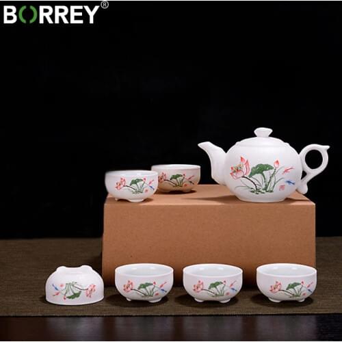 BORREY Chinese Kung Fu Tea Set Ceramic Teapot Cup White Porcelain Cup Puer Oolong Kettle Tea Ceremony Teacup Hand-painted Teapot