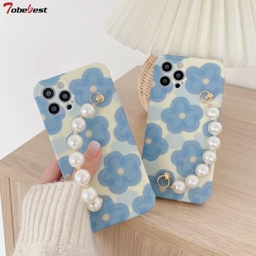 Tobebest Blue Flower Pearl Bracelet Phone Cases for iphone 12 pro max 11 promax X XS XR 7 8 Plus Chain Wristband Soft Cover