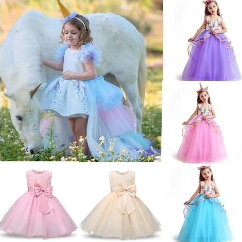 Cute Style Kids Unicorn Party Dresses For Girls Princess Costume Rainbow Tutu Dresses Children Vestidos 4-10 Years Kids Dresses