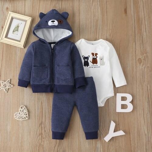 3 Pieces Sets Infant Baby boy girl clothes Zipper Hoodies Long sleeves Coat+Bodysuit+Pants Winter Jacket Bebe Kids Clothing