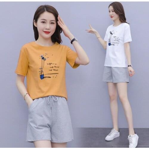 Two-piece Short-sleeved Shorts Summer Casual Sports Suit Women Spring 2021 New Style Pure Cotton Thin Loose Loose