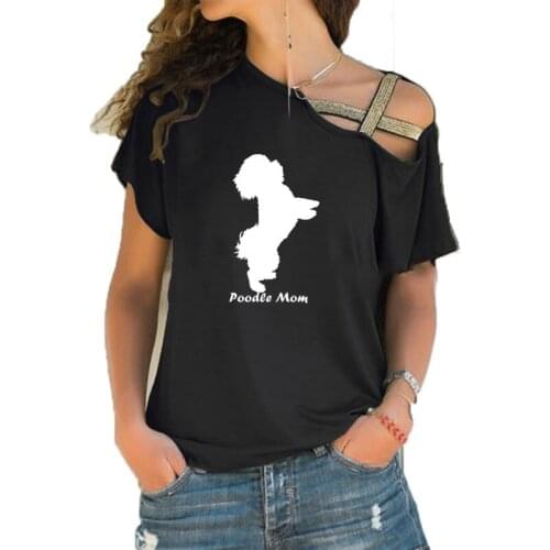 Summer Cute Poodle Mom Print Funny Teeshirt Women Short sleeve Loose Irregular Skew Cross Bandage Tops Tee