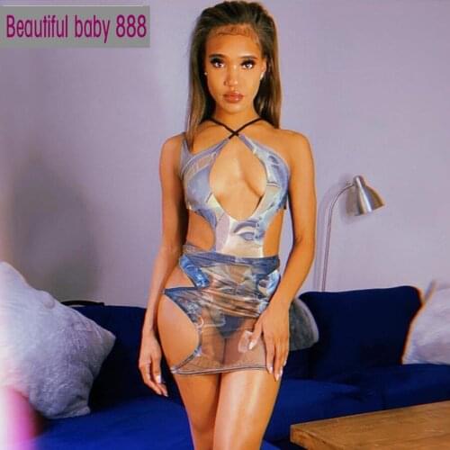 Meqeiss Summer 2021 Mesh Sexy Womens Dress See-through Print Bandage Party Club Hollow Sleeveless Tights Stretch Two-piece Suit