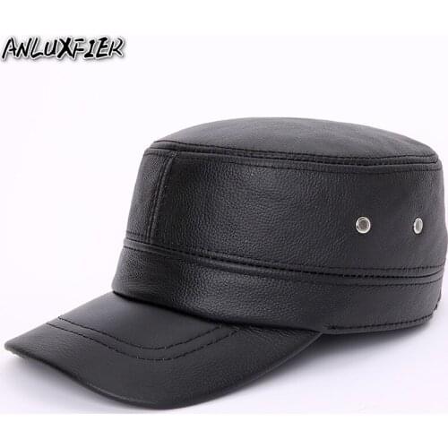 B-7285 Adult Genuine Leather Hat Baseball Cap Mens Warm Ear Protective Cowhide Cap Cow Leather Flat Top Hats Adjustable