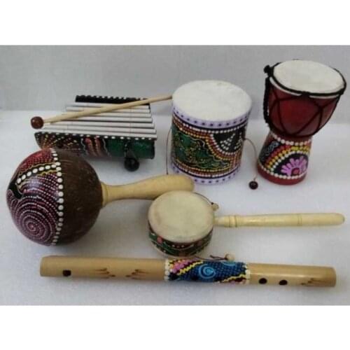 Aboriginal 6 Piece Wooden Musical Instruments Set, arbuka dimensions: 15x10 cm. Metalafon 15x9 cm. Drum 10x10 cm