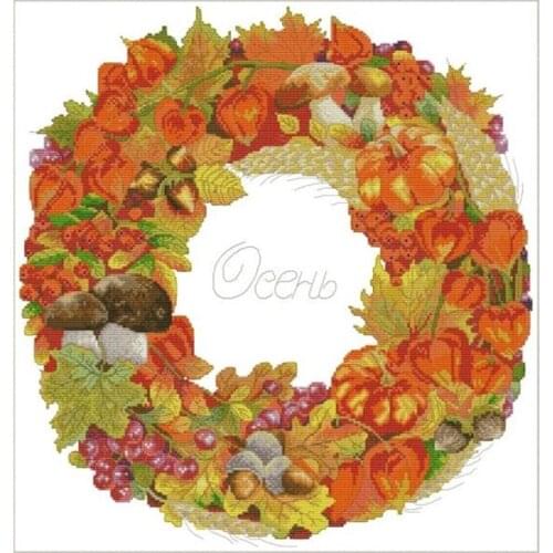 Cross Stitch Stamped Kits Printed Embroidery Cloth Needlepoint Kits Easy Patterns for Wreath-Autumn Fruits 11CT