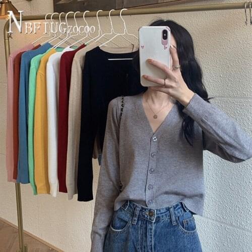 2020 New Korean Short Style Solid Color Women Sweater V Neck Knitting Female Sweaters