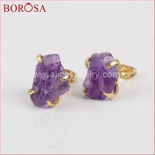 BOROSA New Arrival Gold Color Rough Natural Purple Crystal Druzy Earrings Claw Setting Crystal Stone Stud Earrings Women ZG0134