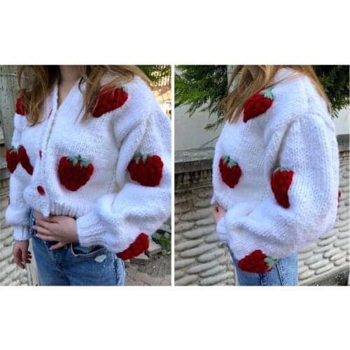 New design womens fashion luxury handmade knitted crochet strawberry pattern coarse wool knitted short loose sweater cardigan