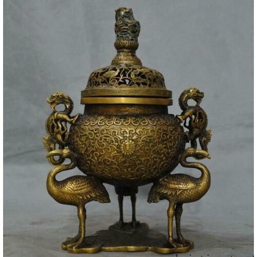 9" China Old Bronze Crane Dragon Beast Loong Tripod Incense burner Censer
