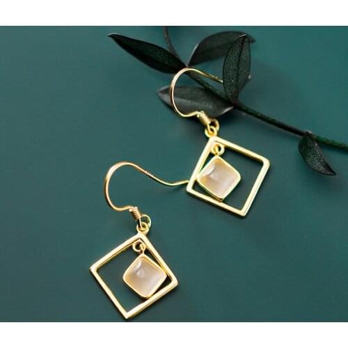 Real. 925 Sterling Silver Fine jewelry Gold open Square &white Opal Female hook Dangle Earrings Threader GTLE2918