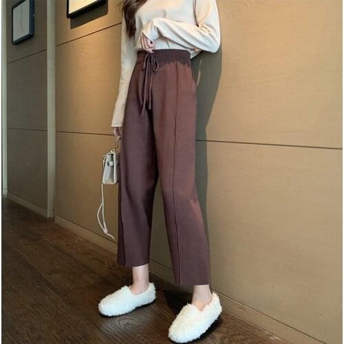 High-End Custom Lady Winter Elastic Waist Knitting Cotton Wide Leg Pants Casual Super Thickened Wool Long Straight Trousers