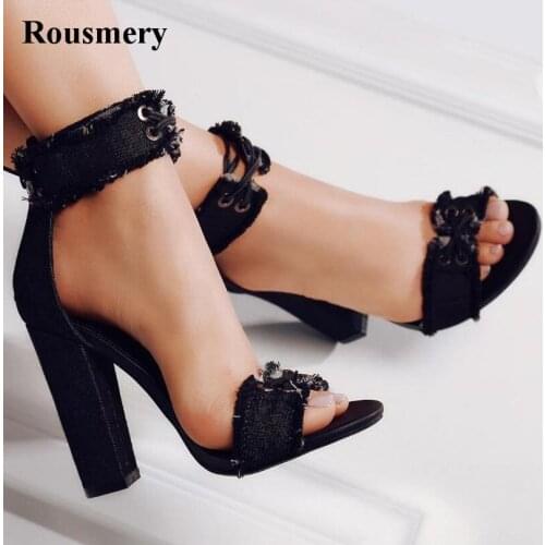 New Fashion Women Open Toe Denim Cloth Thick Heel Sandals Cut-out Ankle Wrap High Heel Sandals Casual Dress Shoes Free Shipping