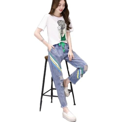 2 pieces sets women Tracksuit jeans Suits sets women letter printed t shirt summer sets two pieces outfits elegant Korean style