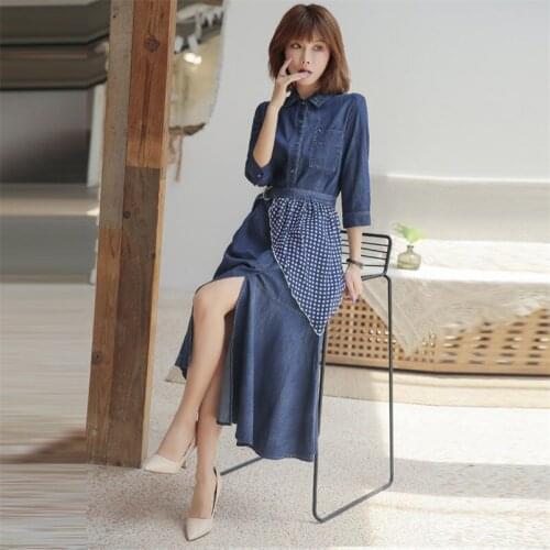 Autumn Women Denim Asymmetrical Dresses 2020 Vintage Single Breasted Girls Dress Belt Pockets Patchwork DRESSES Vestidos QN2261