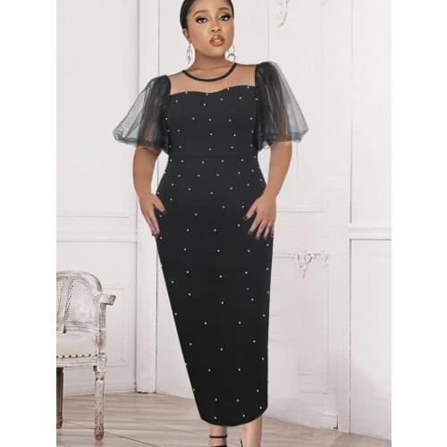 Women O Neck Dress Short Lantern Sleeve Beading Sexy See Through Plus Size 4XL Black Birthday Party Robes Night 2021 Summer New