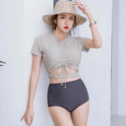 2021 Korean New Hit Color Short-Sleeved Elastic Drawstring Design Hollow Matching High-Waist Sexy Bikini Hot Spring Swimwear