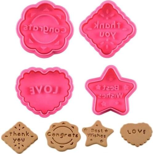4pcs 3D Fondant Cookie Cutter Biscuit Hand Stamp Press Plunger Baking Mold Kitchen Accessories Cookie Tools Best Wishes Love