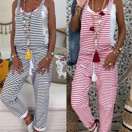 70% Hot Sell Plus Size Women Striped Print Pocket Tassel Drawstring Long Jumpsuits Overalls