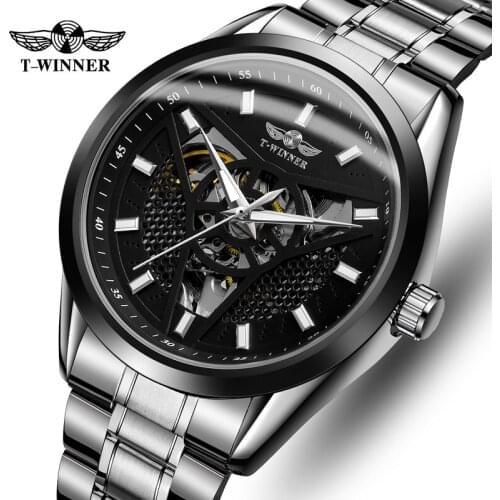 T-WINNER Men Watch Top Brand Mens Luxury Automatic Mechanical Watches Fashion Stainless Steel Skeleton Self Winding Wrist Watch