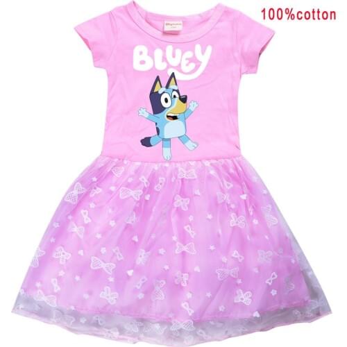 Bingo bluey Girls Kids Cotton Shirt Gauze Mesh Cartoon Print Princess Dress Children Baby Birthday Party Clothes