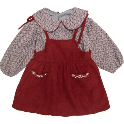 DFXD 2020 Winter Toddler Girls Clothing Sets Print Peter Pan Collar Thicken Shirt+Corduroy Strap Skirt 2PC 100% Cotton Kids Sets