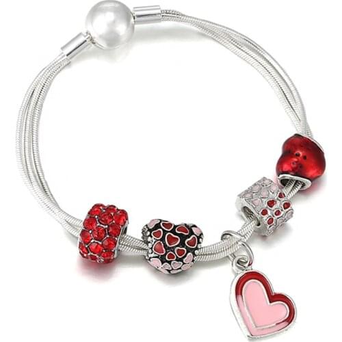 DIY Romantic Red Love Heart Pendant Charm Bracelet For Women Fit Brand Multi-layer Bracelet Fashion Valentines Day Jewelry Gift