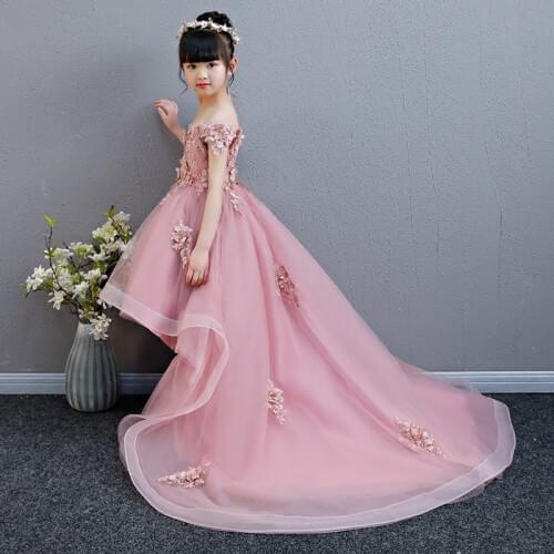 Girls Appliques Long Trailing Party Ball Gown Shoulderless Flower Girl Dress For Weddings Kids Summer First Communion Dresses