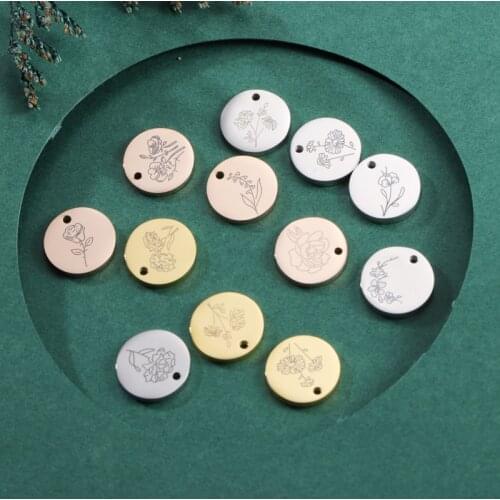 Fnixtar 12Pcs/Lot 15mm Round Laser Birthday Flower Charms Mirror Polish Stainless Steel Charms For DIY Making Necklace Jewelry