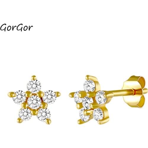 GorGor Stud Earrings Women 925 Sterling Pattern Five-pointed Star Gold Plated Mosaic Zircon Creative Jewelry 60201508700