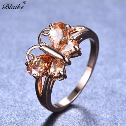 Blaike Butterfly Champagne Zircon Rings For Women Rose Gold Filled Engagement Party Jewelry Korean Birthstone Valentine Gifts