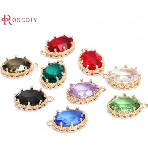 10PCS 10x14MM 24K Champagne Gold Color Brass and Glass Oval Shape Charms Pendants Jewelry Making Supplies Findings Accessories