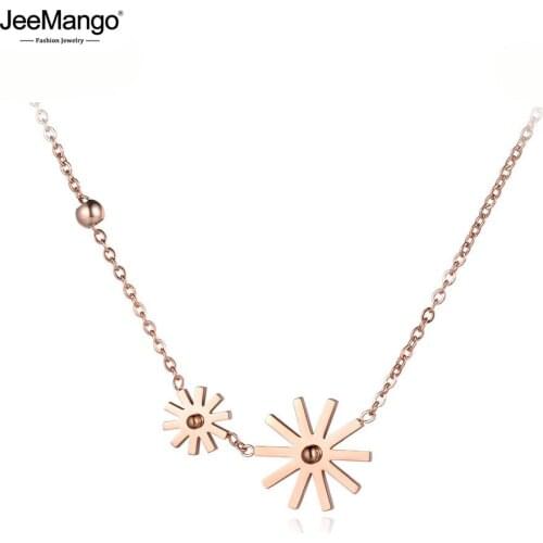 JeeMango Cute Titanium Stainless Steel Double Daisies Choker Necklaces Jewelry Lovely Pendant Chain Necklace For Girls JN19065