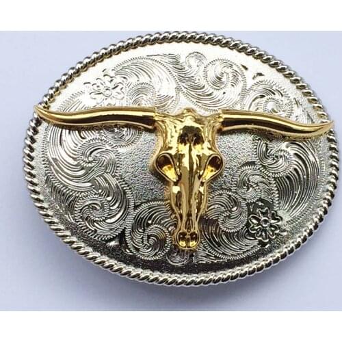 Oval Western Cowboy Belt Buckle Golden&Sliver Texas Longhorns Bull Buckles