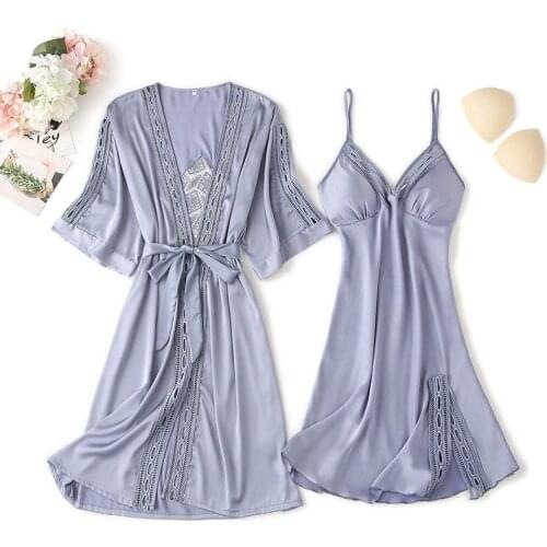 Sexy 2PCS Nighty Bathrobe Sleep Suit Womens Satin Lace Flower Kimono Robe Gown Sets Spring Sleepwear Chest Pads Nightgown