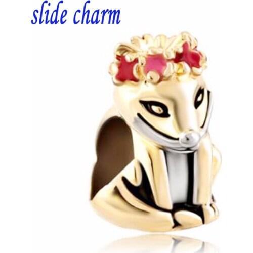 Slide charm Free shipping couple jewelry fox wearing a garland of pink charm beads fit Pandora bracelet