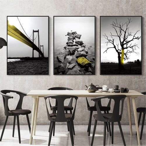 Nordic Poster Yellow Bridge Tree Stone Painting Black White Wall Art Diamond PaintingHome Decor Scandinavian Decoration Mosaic