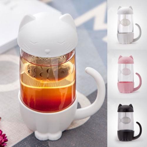 Lovely Glass Cup Tea Cat with Fish Filter Strainer Glass Cup Tea Infuser Filter Mug Home Office Container Gift