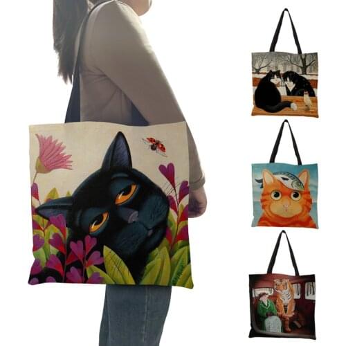 Tote Handbags Women 2021 Orange Black Cat Art Oil Painting Print Eco Reusable Shopping Bag Ladies Shoulder Bags Beach Bag