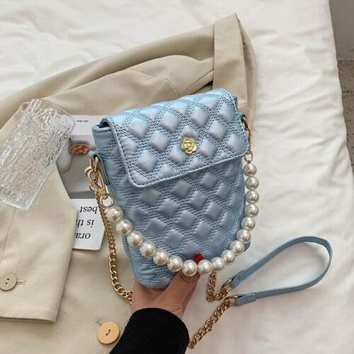 Lozenge Crossbody Bag for Women Fashion Bucket bag Female Pearl chain Shoulder Bag Female Handbags and Purses Sac A Main white
