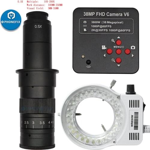 VGA/38MP 1080P 60FPS Industry Video Microscope Camera TF Storage+Zoom C Mount Lens 56 LED Ring Light Chip Phone Soldering Repair