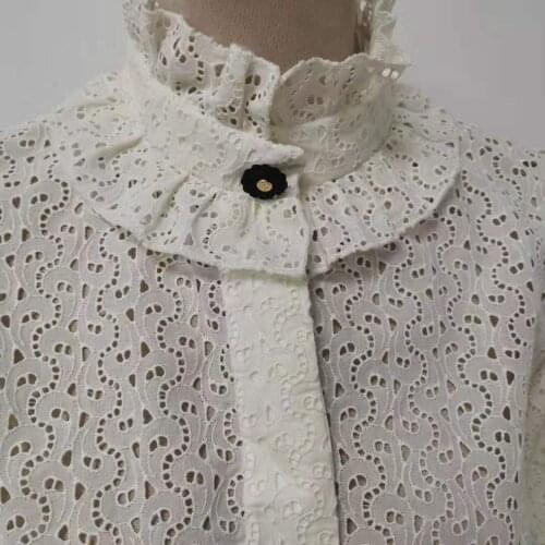 2021 New Early Autumn Womens Blouse with Single Button Embroidery Hollow Out Shirt Ruffled Stand Collar Puff Sleeve Lady Tops