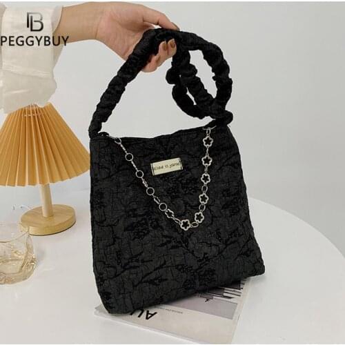 Women Single Pleated Strap Shopping Handbags All-Match Flower Chain Underarm Bags Cloth Travel Subaxillary Bags