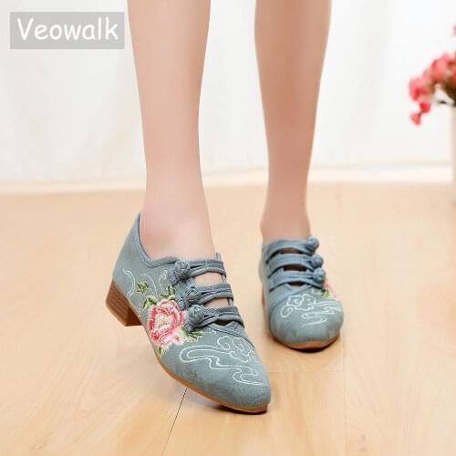 Veowalk Pointed Toe Women Jacquard Fabric Derby Shoes Brogue Style Retro Elegant Ladies Casual Comfort Cotton Embroidered Flats