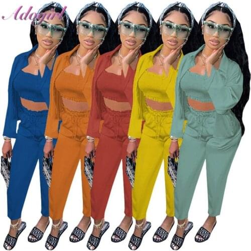 Fitness Women Tracksuit 3 Piece Set Casual Strapless Tank Top And Jacket Coat Legging Sweatpants Sportwear Outfit Matching Set