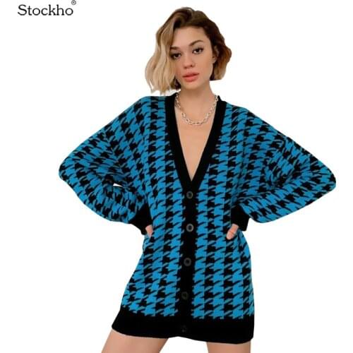 Sweater Womens Autumn and Winter Fashion Houndstooth Sweater Jacket Knitted Pullover Single-Breasted Loose Cardigan Casual Top