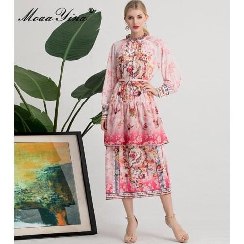 MoaaYina Fashion Runway Autumn Pink Midi Dress Womens Lantern sleeve Flower print Sashes Vintage Elegant Holiday Party Dress