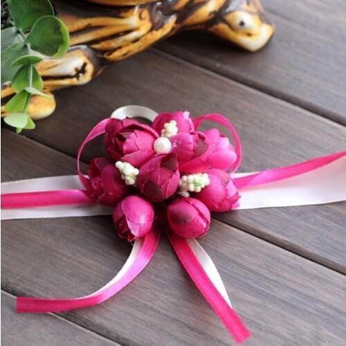 1PC Wedding decoration Rose Wrist Flower Silk Ribbon Wristband Bracelet Wedding Bouquet Hand Flower Wrist Flower With Pearl